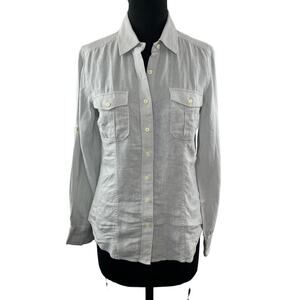 CLUB MONACO Button Down Top Shirt Blouse Gray Linen Long Sleeve Pockets Size?